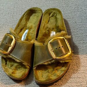 Birkenstock Khaki Fur-Lined Sandals with Metallic Buckle